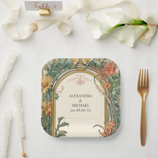 Vintage Floral Art Nouveau Wedding Paper Plates (Wedding)