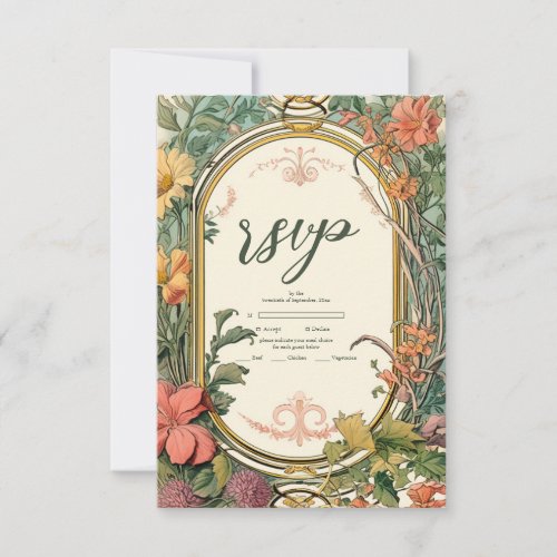 Vintage Floral Art Nouveau Wedding RSVP Card
