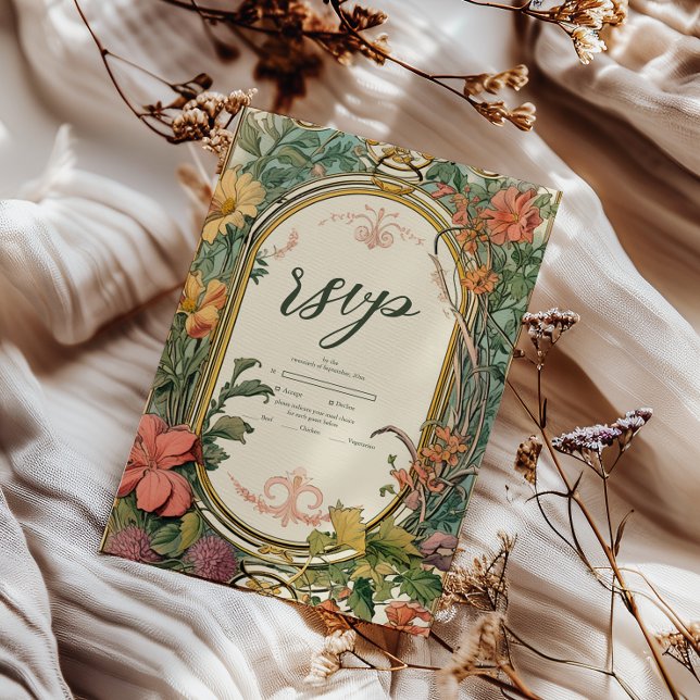 Vintage Floral Art Nouveau Wedding RSVP Card (Creator Uploaded)