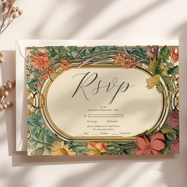 Vintage Floral Art Nouveau Wedding RSVP Card (Creator Uploaded)