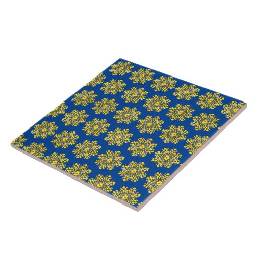 Vintage floral art yellow and blue flowers ceramic tile