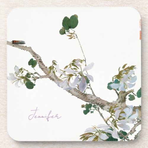 Vintage Floral Asian Style Lithograph Name Beverage Coaster