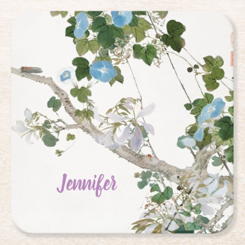 Vintage Floral Asian Style Lithograph Name Square Paper Coaster