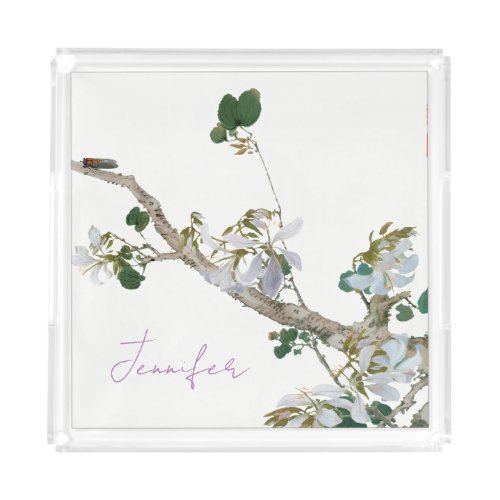 Vintage Floral Asian Style Pastel Colors Name Acrylic Tray