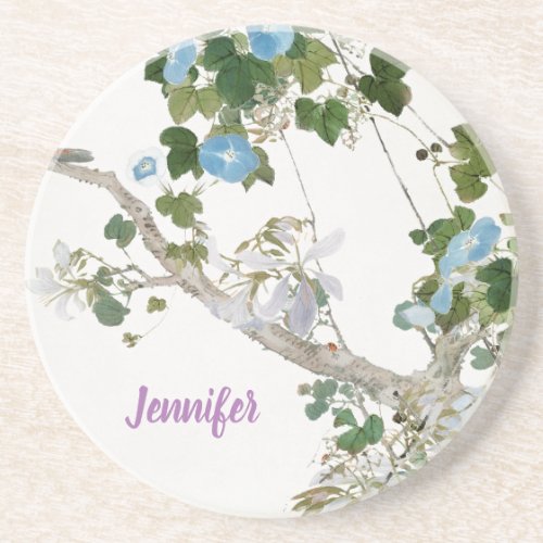 Vintage Floral Asian Style Pastel Colors Name Coaster