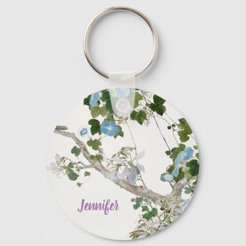 Vintage Floral Asian Style Pastel Colors Name Keychain