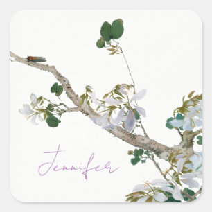 Vintage Floral Asian Style Pastel Colors Name Square Sticker