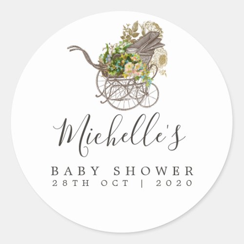 Vintage Floral Baby Carriage Baby Shower Classic Round Sticker