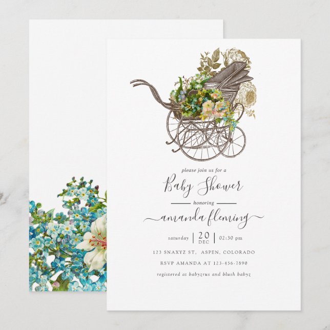 Vintage Floral Baby Carriage Baby Shower Invitation (Front/Back)