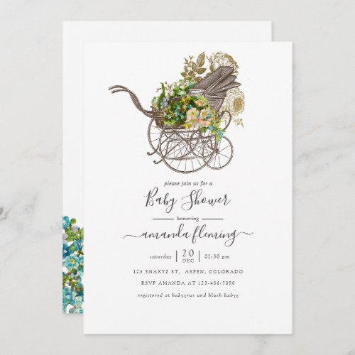 Vintage Floral Baby Carriage Baby Shower Invitation