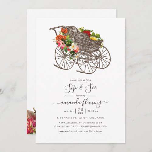 Vintage Floral Baby Carriage Baby Shower Sip  See Invitation