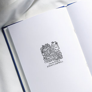 Vintage Floral Baby Dragon Bookplate Rubber Stamp