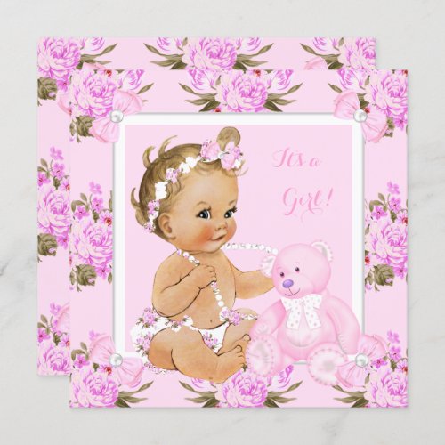 Vintage Floral Baby Shower Girl Pink Bear Blonde Invitation