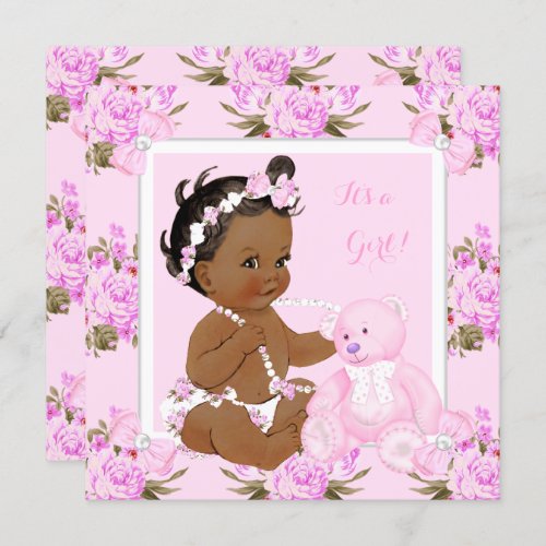 Vintage Floral Baby Shower Girl Pink Bear Ethnic Invitation