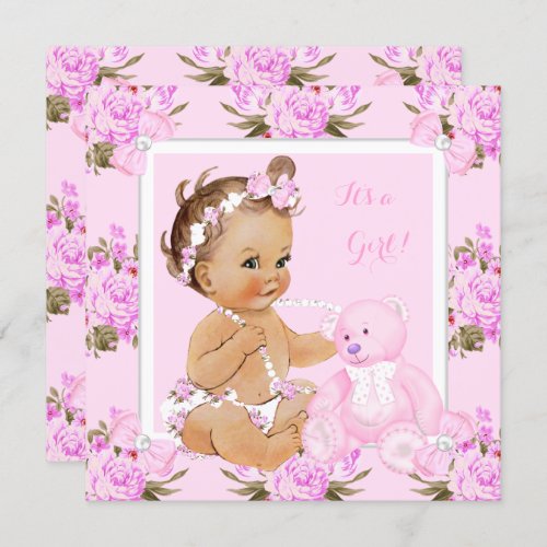 Vintage Floral Baby Shower Girl Pink Bear Invitation