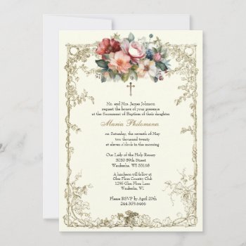 Vintage Floral Baptism Christening Gold Cross Invitation by ShowerOfRoses at Zazzle