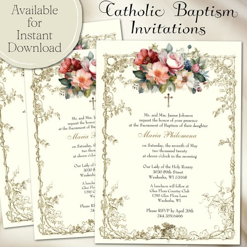 Vintage Floral Baptism Christening Gold Cross Invitation