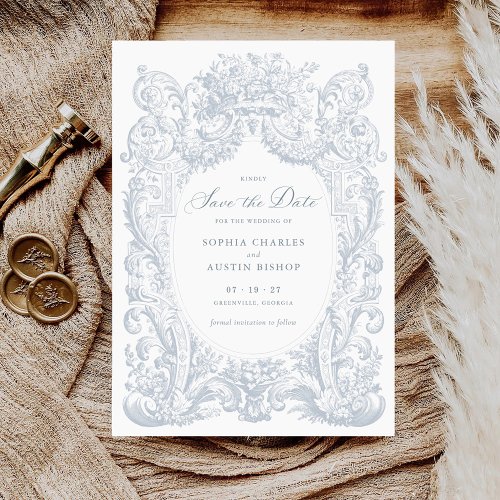 Vintage Floral Baroque Frame Blue Save the Date Invitation