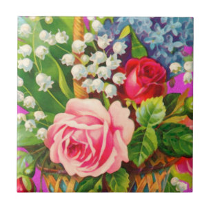 Vintage Floral Basket Watercolor Ceramic Tile