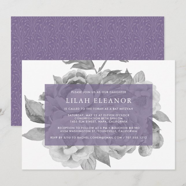 Vintage Floral Bat Mitzvah Invitation | Violet (Front/Back)