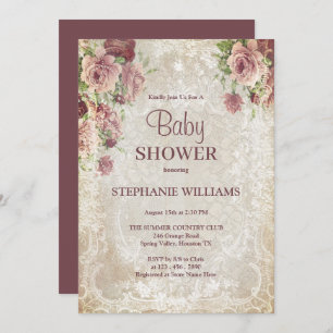 Vintage Floral, Beads & Damask Baby Shower Invitation