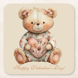 Vintage Floral Bear With Heart Valentine's Day Square Paper Coaster