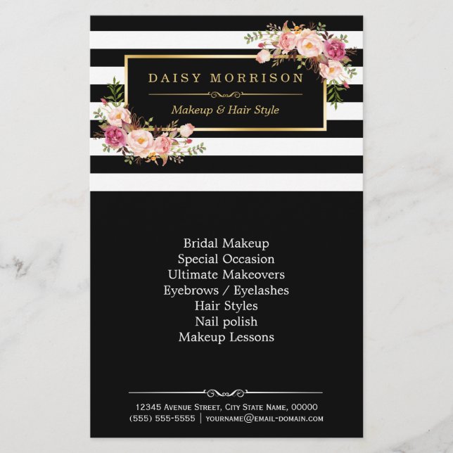 Vintage Floral Beauty Salon Black White Stripes Flyer (Front)
