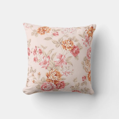 Vintage floral beige peach pink red shabby chic throw pillow