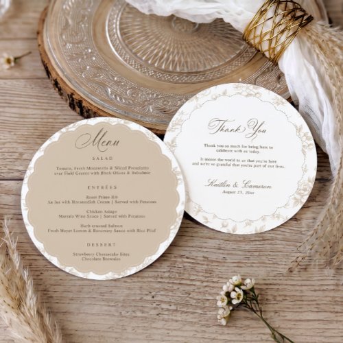 Vintage Floral Beige Tan Thank You Round Wedding Menu