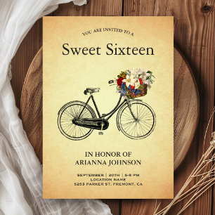 Vintage Floral Bicycle 16th Birthday Sweet Sixteen Invitation