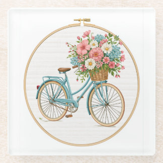 Vintage Floral Bicycle Cottagecore Glass Coaster