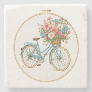 Vintage Floral Bicycle Watercolor Cottagecore Stone Coaster