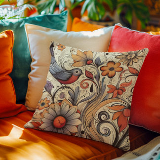 Vintage Floral Bird Boho Decorative Throw Pillow