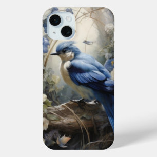 Vintage floral bird in blues and cream iPhone 15 plus case