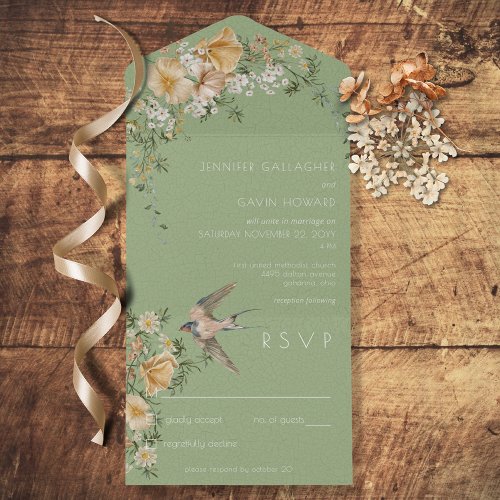 Vintage Floral  Bird Sage Green No Dinner All In One Invitation