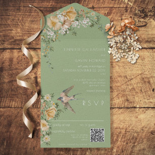 Vintage Floral & Bird Sage Green QR Code All In One Invitation