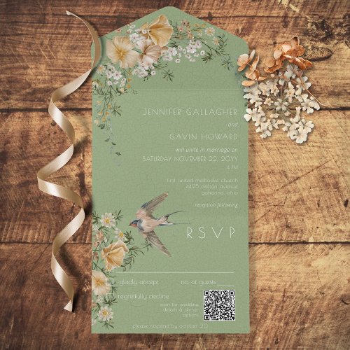 Vintage Floral  Bird Sage Green QR Code All In One Invitation