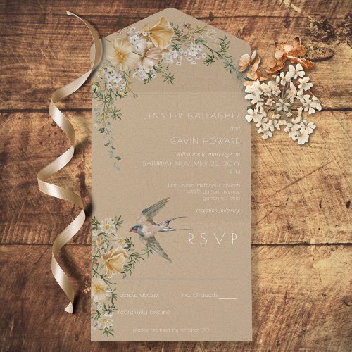 Vintage Floral  Bird Tan No Dinner All In One Invitation