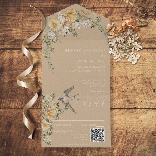 Vintage Floral Bird Tan QR Code All In One Invitation