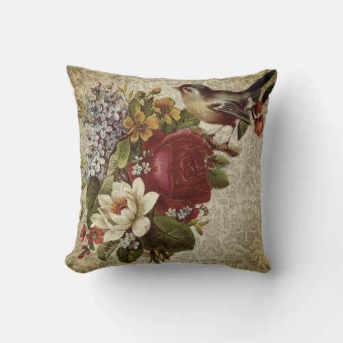 Vintage Floral  Bird Throw Pillow