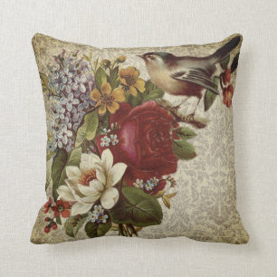 Vintage Floral & Bird Throw Pillow