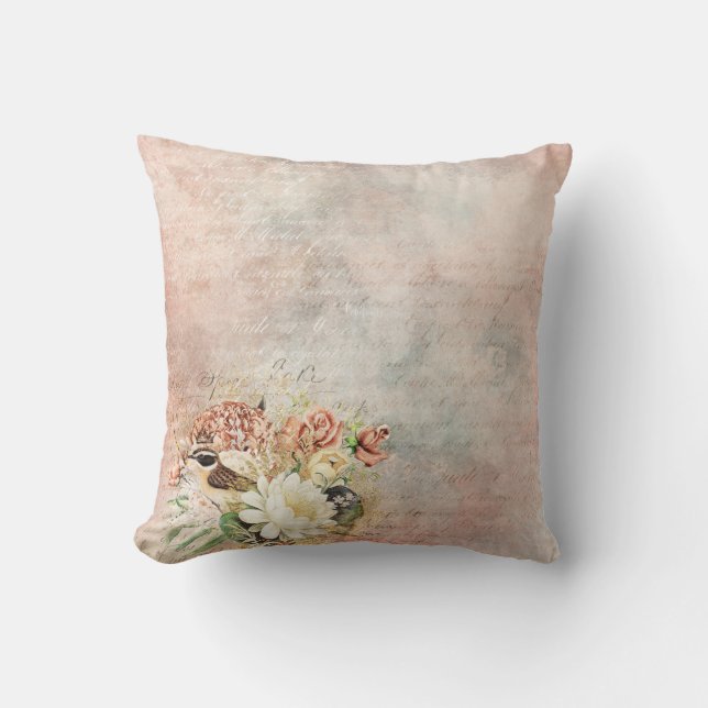Vintage Floral Bird Throw Pillow (Front)