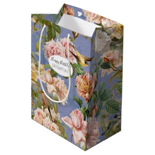 Vintage Floral Birds Blue Birthday Cottagecore  Medium Gift Bag