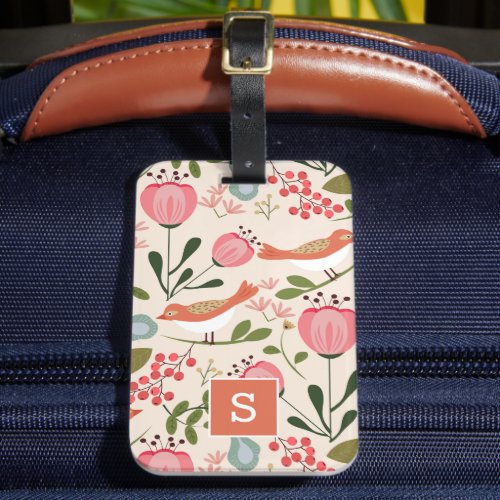 Vintage Floral Birds Botanical Pattern Monogram Luggage Tag