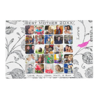 Vintage Floral Birds Gray Best Mother Family Photo Placemat