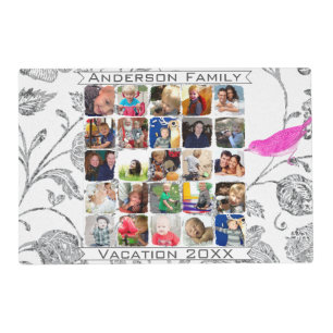Vintage Floral Birds Gray Vacation Family Photo Placemat