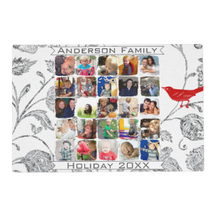 Vintage Floral Birds Gray Vacation Family Photo Placemat