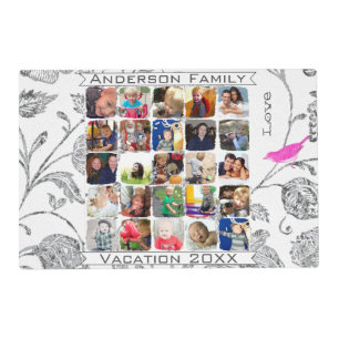 Vintage Floral Birds Gray Vacation Family Photo Placemat