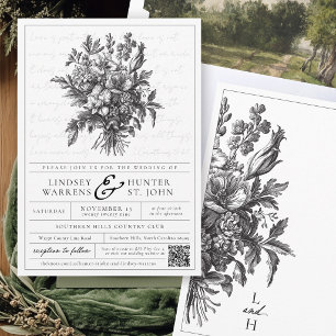 Vintage Floral Black and White Christian Wedding Invitation