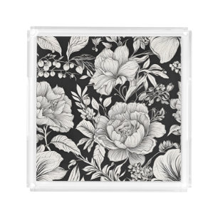 Vintage Floral Black and White Classic Acrylic Tray